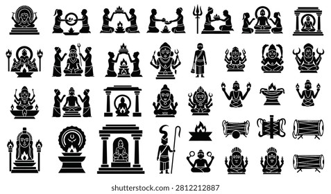 Large collection of black Hindu religious icons depicting deities, prayer rituals, temples, fire ceremonies, monks, and traditional musical instruments on a plain white background.