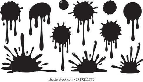 große Sammlung von schwarzen Tintenspritzer und Flüssigtropfen Silhouetten mit verschiedenen Fleck Formen einzeln auf weißem Hintergrund