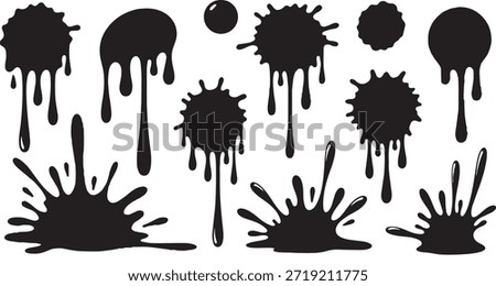 large collection of black ink splatter and liquid drip silhouettes featuring various blotch shapes isolated on white background