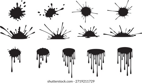 große Sammlung von schwarzen Tintenspritzer und tropfende flüssige Silhouetten mit verschiedenen chaotischen Fleck und Spritzer Formen einzeln auf weißem Hintergrund
