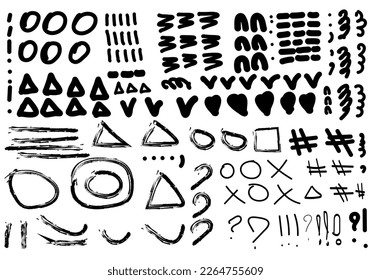 Una gran colección de pintura negra, pinceladas, líneas, rugosidad. Elementos sucios del diseño artístico. Ilustración vectorial. Aislado sobre un fondo blanco. Un dibujo a mano.