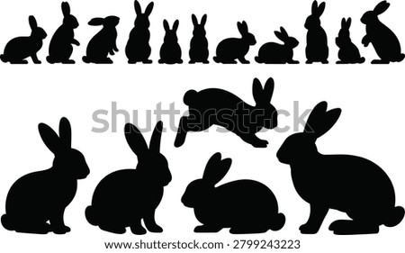 Large collection of black rabbit silhouettes featuring bunny icons in various poses for Easter spring and nature graphic designs.
