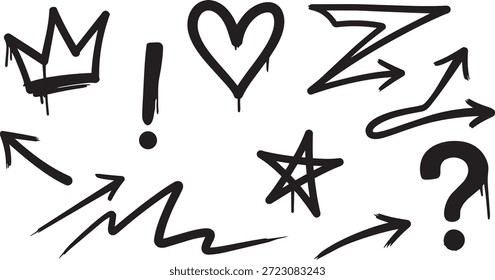large collection of black spray painted graffiti symbols including crown heart star and arrow doodle elements