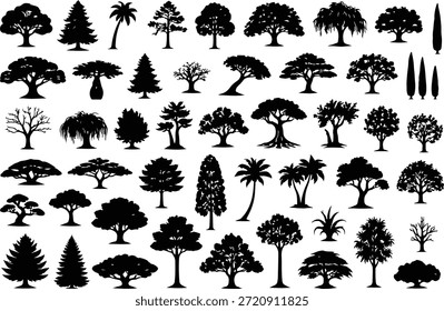 Grande colección de siluetas de árboles negros con una amplia variedad de tipos de árboles, incluidos árboles caducifolios, siempreverdes, palmeras, tropicales, invernales y ornamentales. Siluetas planas limpias del estilo del Vector aisladas en un fondo blanco. Ideal para diseño de paisajes, gráficos ambientales, carteles, logotipos, mapas, infografías, fondos y proyectos temáticos sobre la naturaleza.