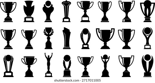 Grande colección de trofeos negros y símbolos de premios deportivos en varias Formas aisladas sobre fondo blanco