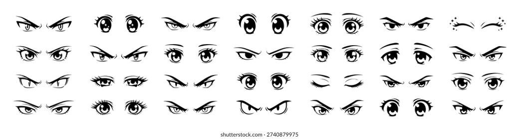 Large collection of black and white cartoon eyes with various expressions, perfect for animation and character design, conveying a wide range of emotions.