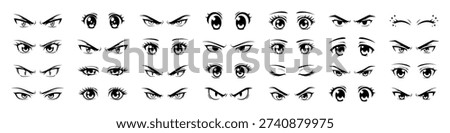 Large collection of black and white cartoon eyes with various expressions, perfect for animation and character design, conveying a wide range of emotions.
