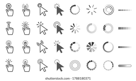 Große Kollektion von Schwarz-Weiß-Cursor-Symbolen mit Händberührungsknöpfen oder Bildschirmen, Pfeilen und zahlreichen geladenen Webseiten-Symbolen, Vektorset