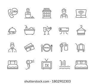 Large collection of black and white hotel icons for phone, wi-fi, TV, room service, porter, reception, pool, restaurant and accommodation accessories, vector design elements