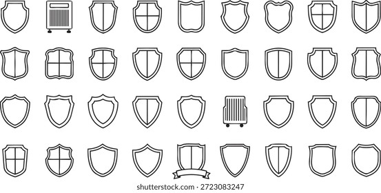 Grande colección de iconos de escudo de arte de línea en blanco y negro y símbolos de seguridad heráldicos