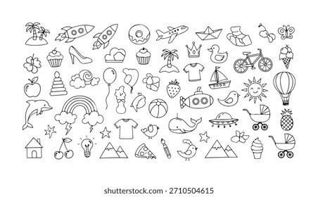 A large collection of black and white simple doodle icons perfect for kids' projects, featuring various items like transport, food, nature, and toys in a charming hand-drawn style.