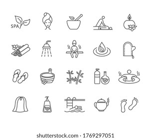 Large collection of black and white spa icons showing a variety of treatments, herbs and activities, line drawn vector illustration
