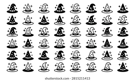 Large collection of black and white witch hat icons and wizard hat illustrations featuring moon and star patterns, arranged in a grid for Halloween graphics and fantasy design.