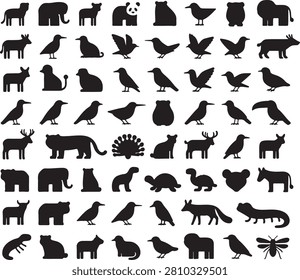 Large collection of black wildlife and bird silhouettes featuring mammals, birds, reptiles, insects, and marine animals. Minimalist vector-style icon set isolated on a white background, ideal for logos, infographics, educational materials, branding, and design projects.