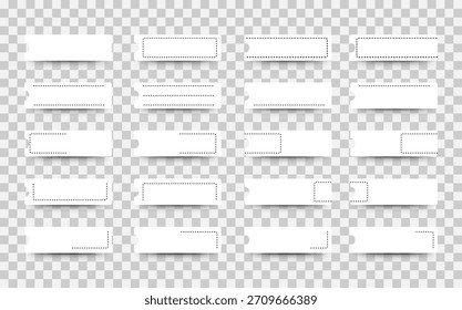 Grande colección de Cupones blancos en blanco y vales con varias perforaciones sobre un fondo transparente. EPS 10