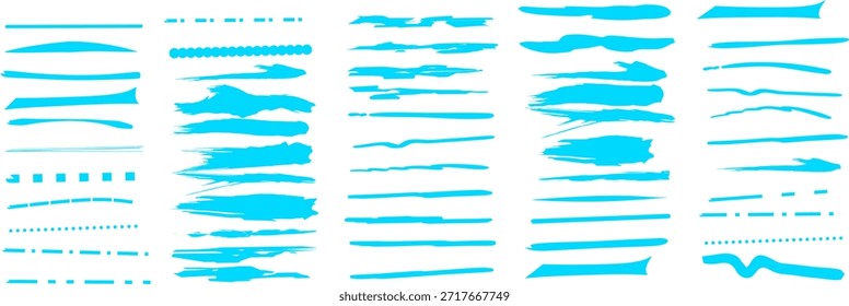 Large collection of blue brush strokes, ink lines, and textured marks on a white background. Ideal for graphic design, typography, modern art, and creative overlays.