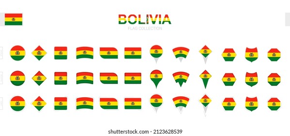 Large collection of Bolivia flags of various shapes and effects. Big set of vector flag.