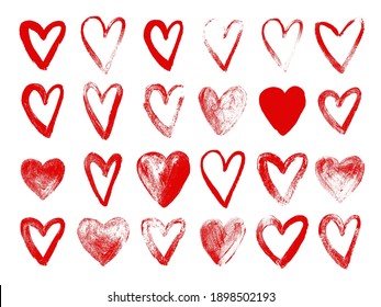 Gran colección de corazones rojos brillantes. Hermosos corazones texturados para la tarjeta de San Valentín. Diferentes íconos del corazón. Ilustración vectorial aislada en fondo blanco.