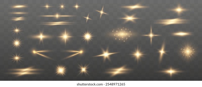 Grande colección de efectos de luz amarilla brillante para su diseño sobre fondo transparente. Brillan los rayos del sol. Rayos de sol destellos de lente especial. Estrella dorada. Vector.	