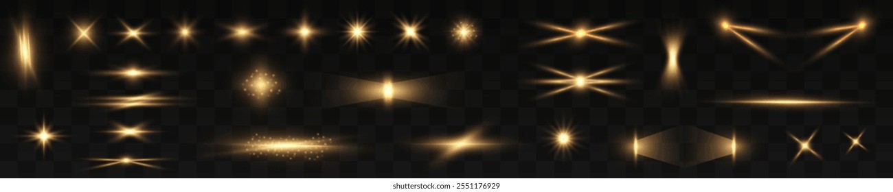 Large collection of bright yellow light effects for your design on transparent background. Sparkle sun rays. Sunbeams special lens flare. Golden star. Vector.	