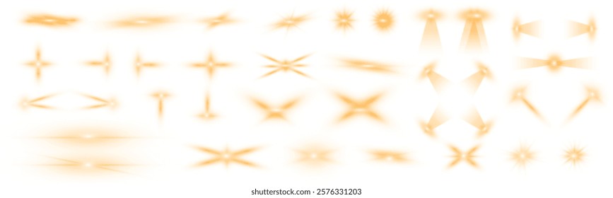 Large collection of bright yellow light effects for your design on transparent background. Sparkle sun rays. Sunbeams special lens flare. Golden star. Vector.