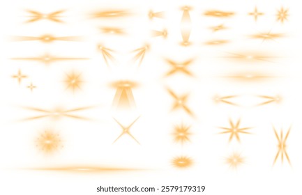 Large collection of bright yellow light effects for your design on transparent background. Sparkle sun rays. Sunbeams special lens flare. Golden star. Vector.
