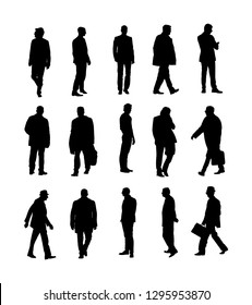 Large Collection Of Business People. Confident Leader Standing. Businessman Go To Work Vector Silhouette Illustration. Handsome Business Man In Suite With Phone. Standing Casual Pose. Relaxed Man.