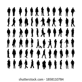 Large collection of business people. Confident leader standing. Businessman go to work vector silhouette illustration. Handsome business man in suite with phone. Standing casual pose. Relaxed man.