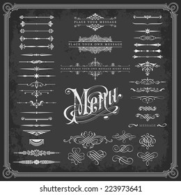 large collection of calligraphic design elements/page decoration on a chalkboard background (textures are removable)