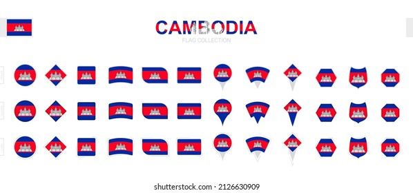 Large collection of Cambodia flags of various shapes and effects. Big set of vector flag.