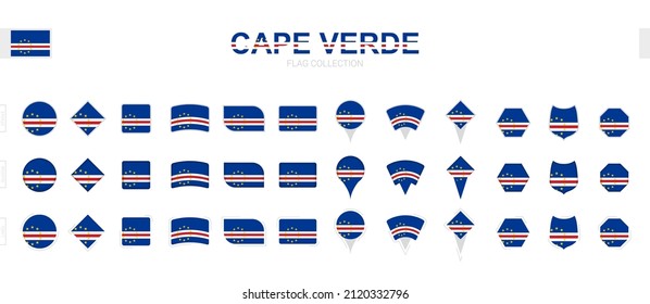Large collection of Cape Verde flags of various shapes and effects. Big set of vector flag.