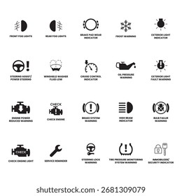 Una Grande colección de los símbolos de advertencia e indicador del salpicadero del coche.
