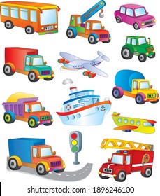 a large collection of cartoon cars and vehicles. vector illustration