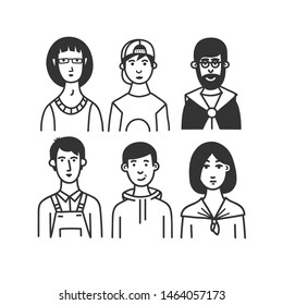 Large collection of  cartoon characters or avatars with different hairstyles and accessories hand drawn with contour lines in one  color. Monochrome vector illustration.