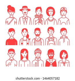 Large collection of  cartoon characters or avatars with different hairstyles and accessories hand drawn with contour lines in one  color. 