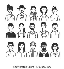 Large collection of  cartoon characters or avatars with different hairstyles and accessories hand drawn with contour lines in one  color. 