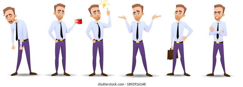 Large collection of cartoon office workers in various poses isolated on white background. An employee in a professional position, walking, working, running, jumping, angry. Vector illustration