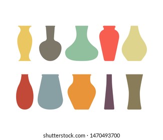 A large collection of ceramic, glass vases of different eras. Silhouettes of modern and antique vases. flat vector illustration isolated on white background