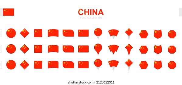 Large collection of China flags of various shapes and effects. Big set of vector flag.