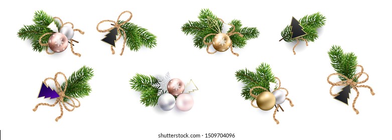 Large collection of Christmas decorations. Bouquets of fir branches and ornaments. Realistic vector illustration.