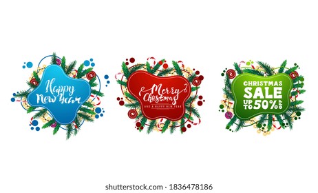 Large collection of Christmas greeting and discounts web elements in liquid style with abstract fluid shapes decorated with Christmas tree branches, candy and garland isolated on white