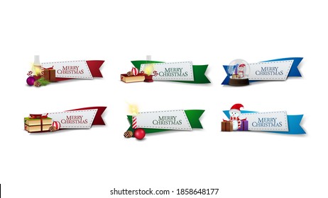 Large collection of Christmas volumetric stickers in shape of ribbons decorated with presents and Christmas elements. Greeting web banners isolated on white background