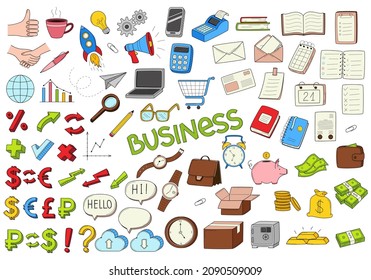 A large collection of colored doodle decorative elements. Symbols of Business, startup, bank, currency, money. Hand-drawn color vector illustration. Isolated on a white background.