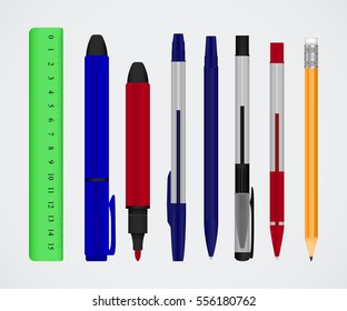 Large collection of colored pens and pencils. Color stationery set. Vector illustration