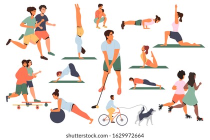 Large collection of colored sports poses or activities with men and women running, doing assorted exercises in a gym, skateboarding, pilates, yoga, golf, jogging, vector illustrations on white