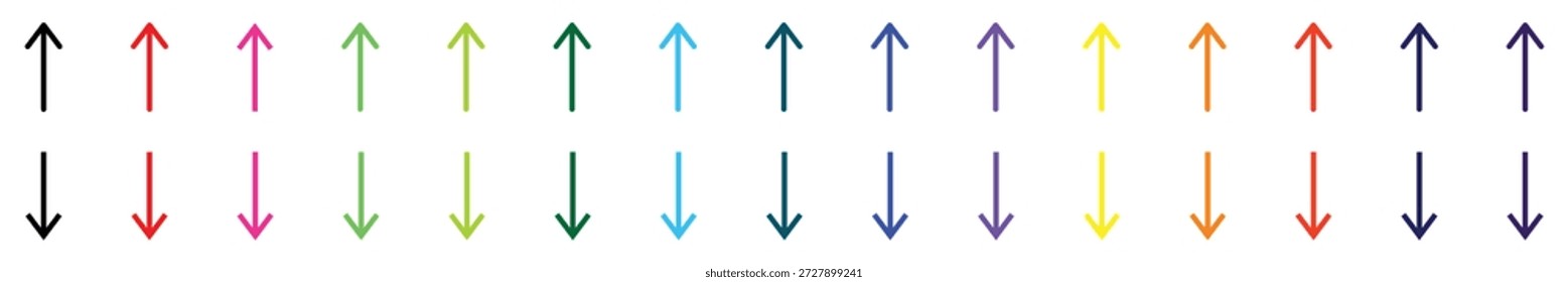 Large collection of colorful arrows pointing up and down for web navigation vector illustration.