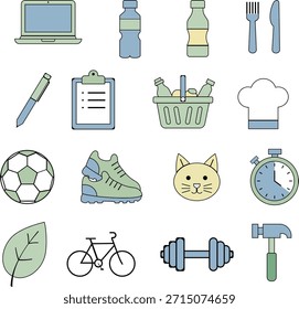 A large collection of colorful flat line icons for lifestyle. Includes a laptop, sports gear (ball, shoes, bicycle, dumbbell), kitchen tools, water bottles, pet cat, and office supplies. Clean vector art.