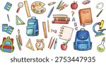Large collection of colorful hand-drawn school supplies and stationery doodles