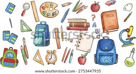 Large collection of colorful hand-drawn school supplies and stationery doodles