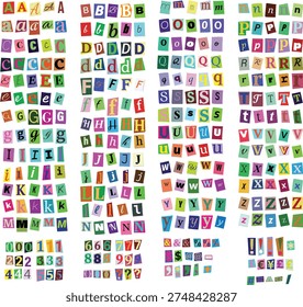 A large collection of colorful, individually cut-out letters, numbers, and symbols from various papers, resembling a ransom note alphabet.